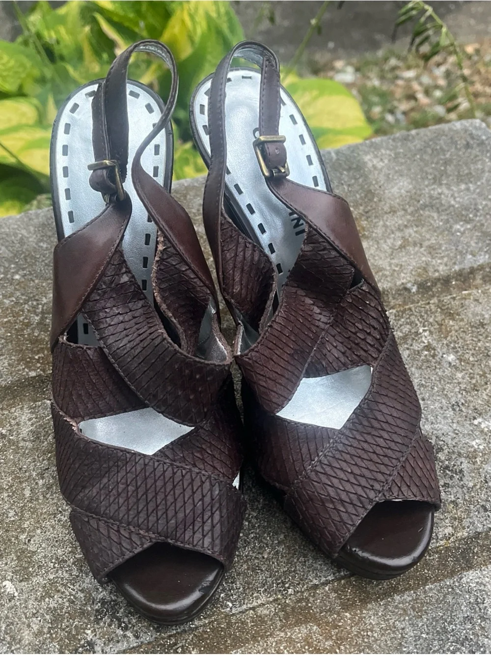 Gianni Bini Brown Snakeskin Leather Platform Slingback Peep Toe Heels Pumps Sz 7